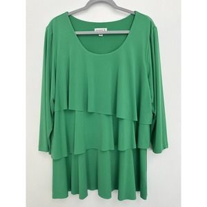 SUSAN GRAVER Liquid Knit Tiered 3/4 Sleeve Top Green Size Large Christmas